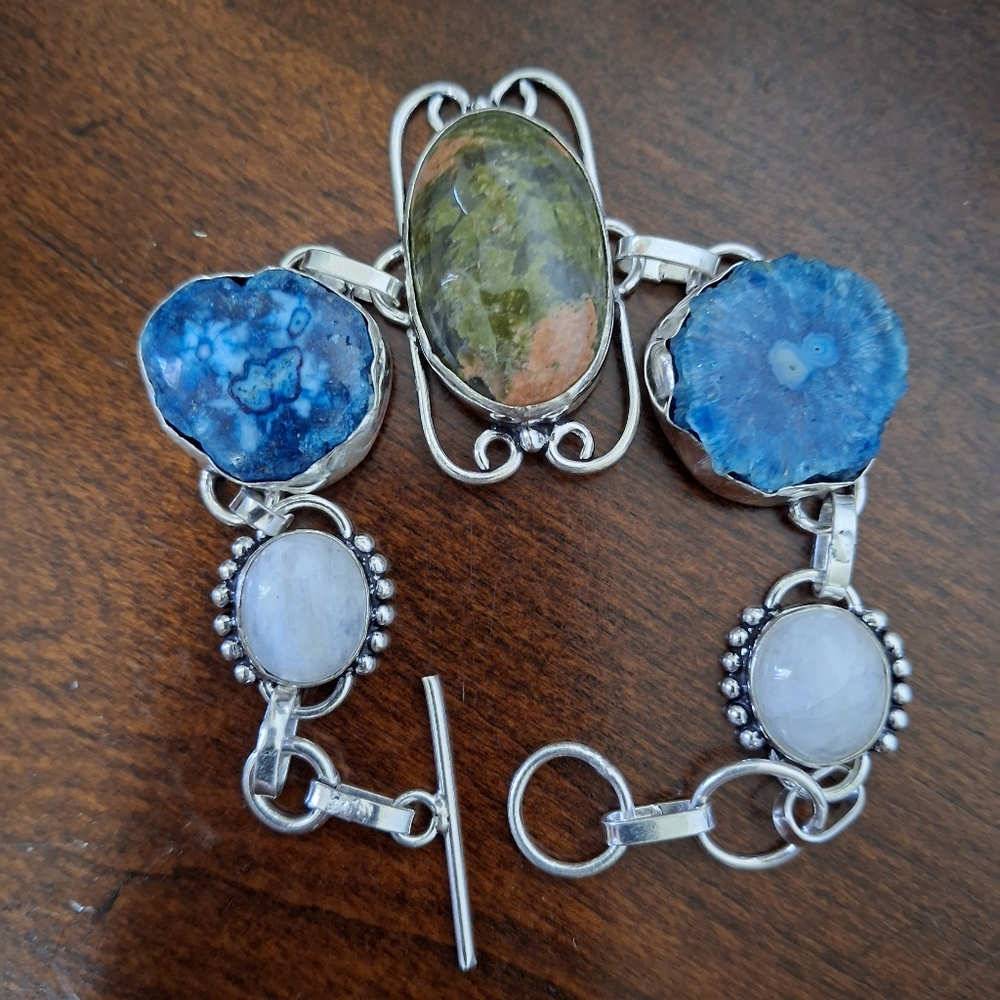New Unakite, Rainbow Moonstone, Agate Geode Slice 925 Silver Bracelet.